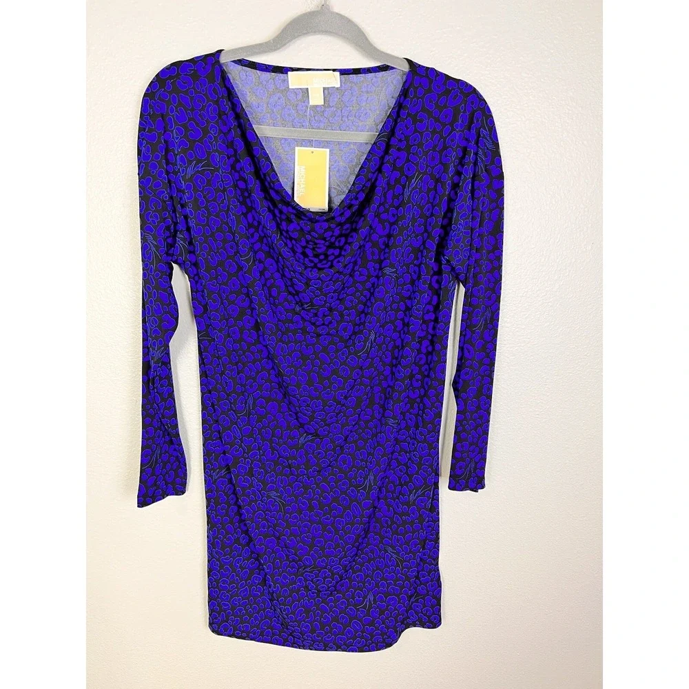 Michael Kors P/S Petite Small Blue Leopard Print‎ Stretch Shift Dress Tunic